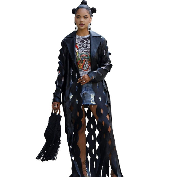 Women's Faux Leather Infinity & Fray Fashion Trench Coat