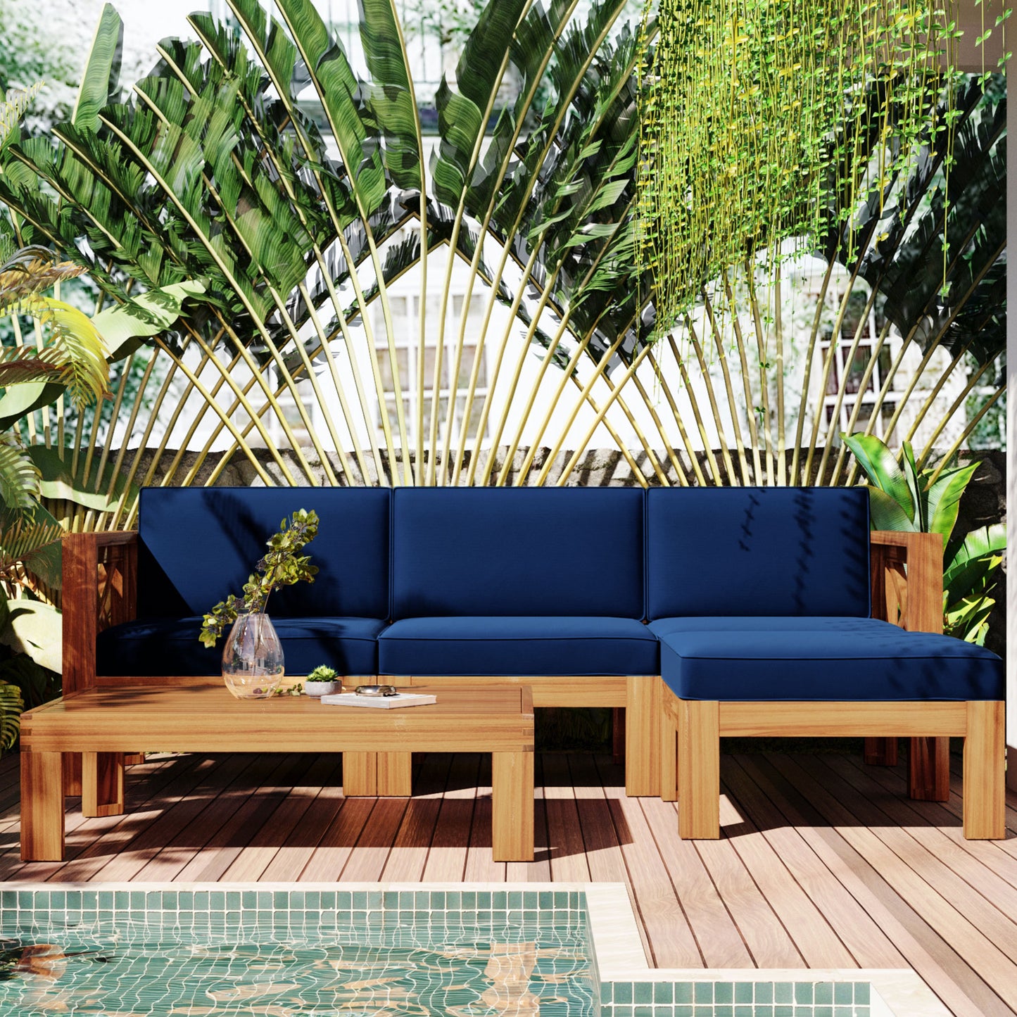 5-Piece Wood Outdoor Sectional Sofa Patio Set with Blue Cushions