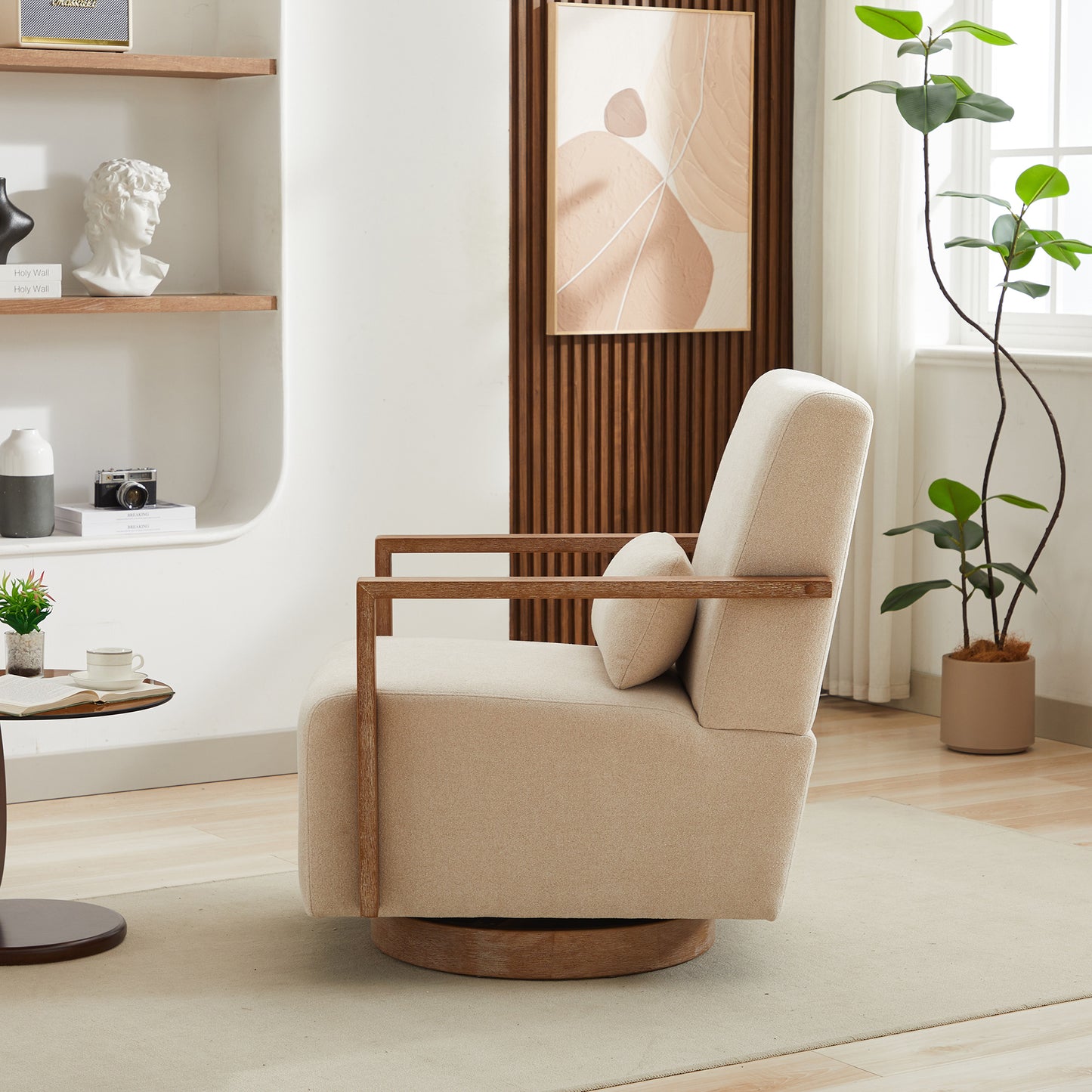 Beige 360 Degree Swivel Modern Upholstered Accent Chair with Wood Armrests