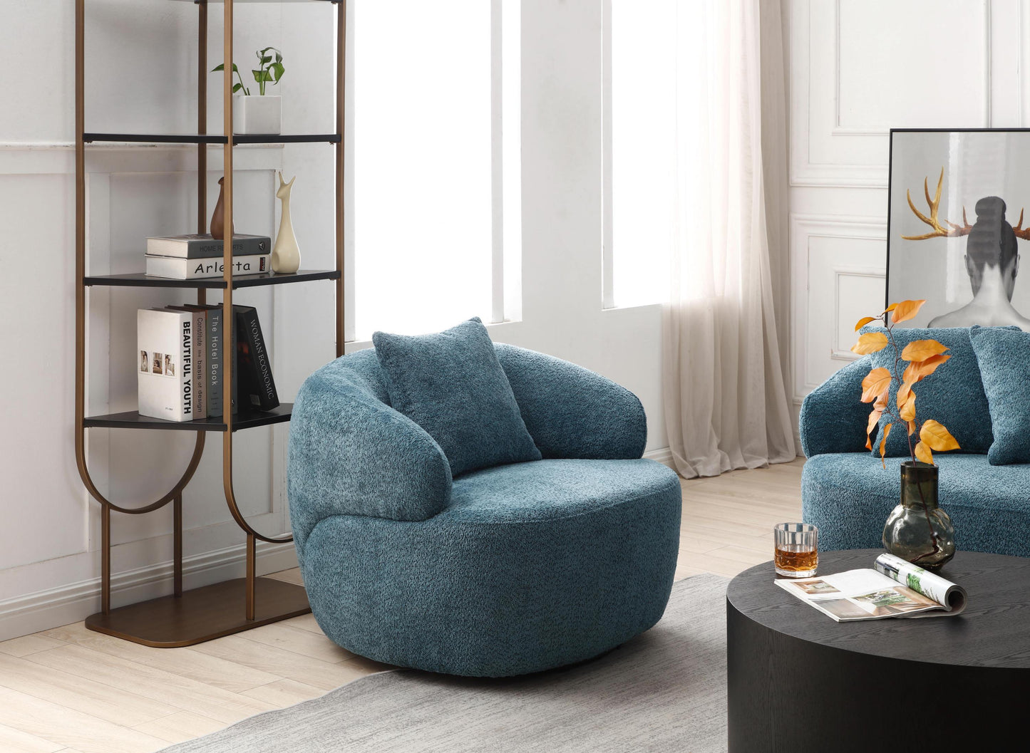 360° Swivel Barrel Mid-Century Modern Curved Chair, Boucle Blue