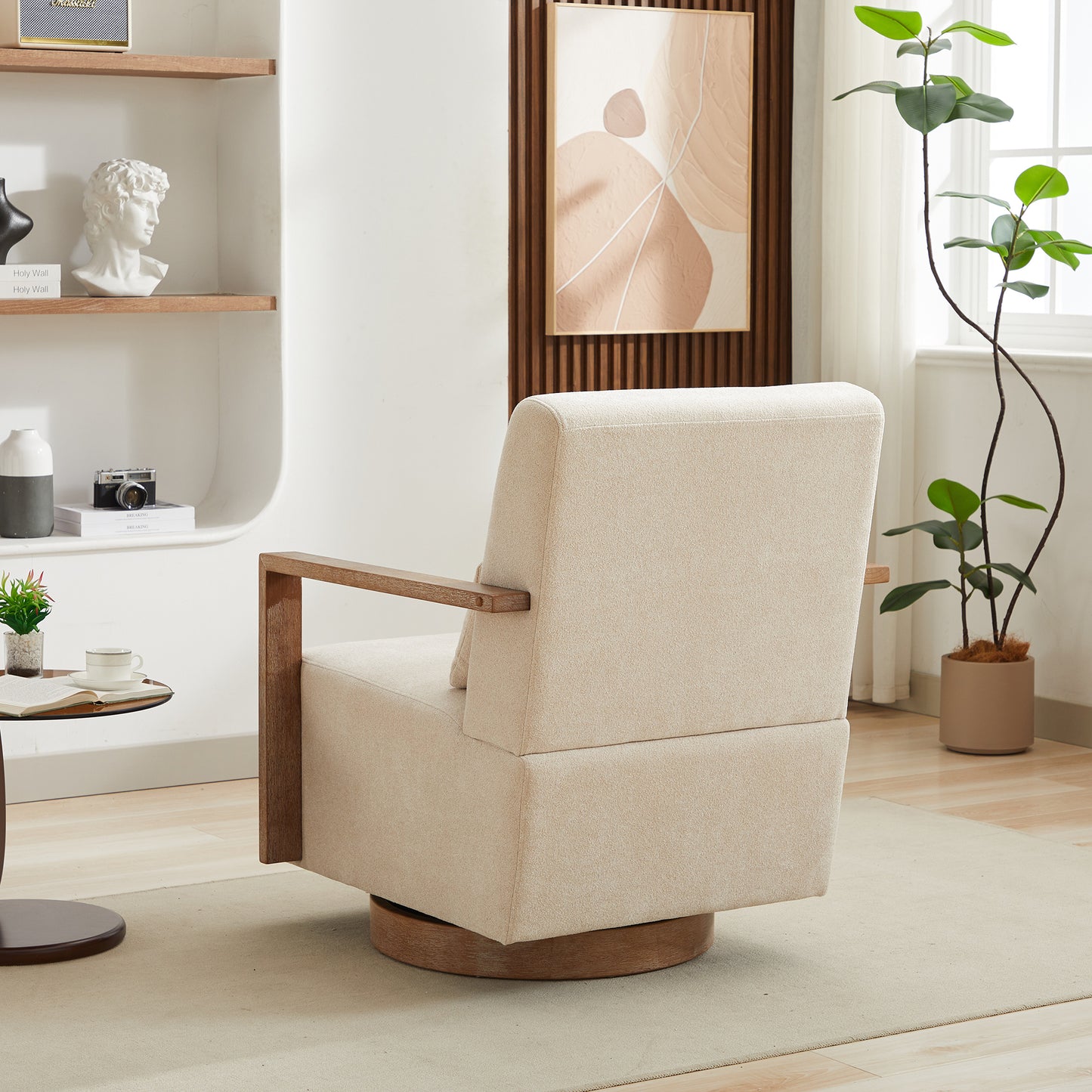 Beige 360 Degree Swivel Modern Upholstered Accent Chair with Wood Armrests
