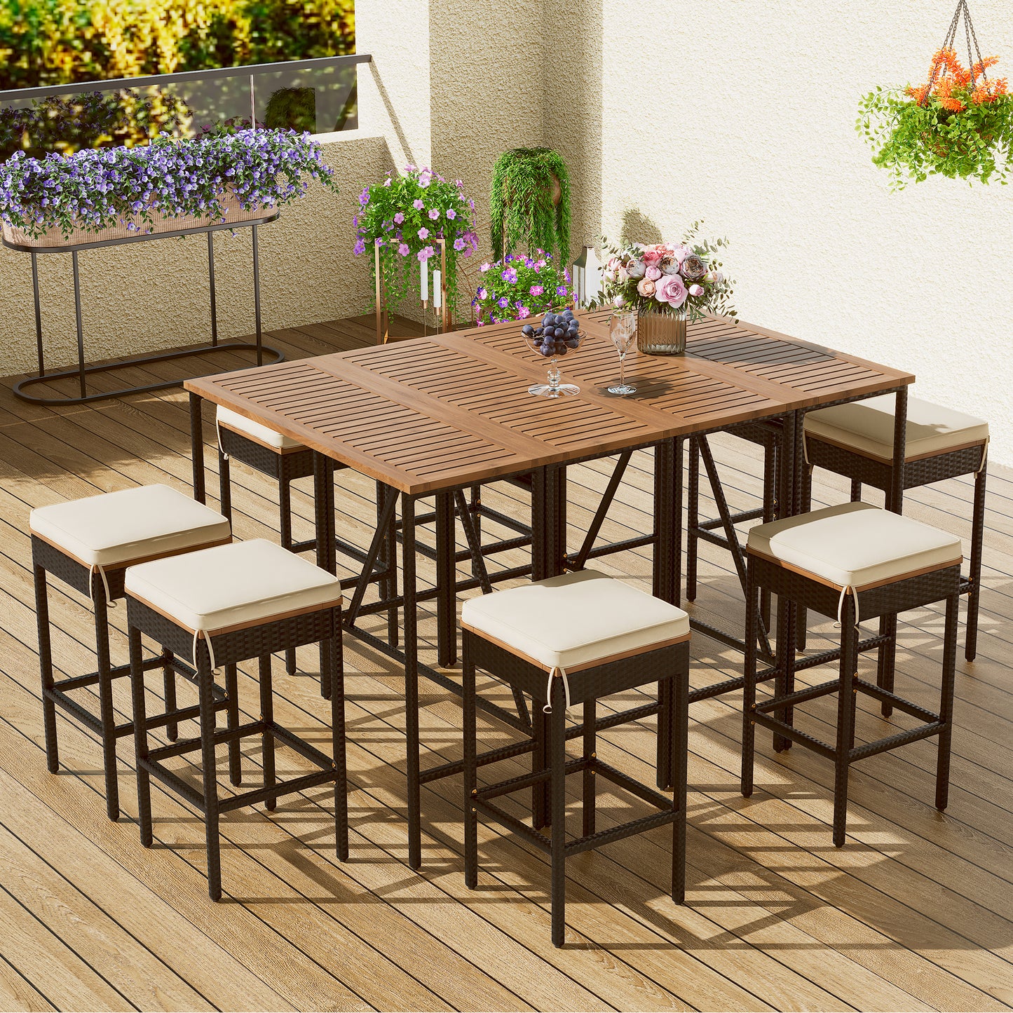 10-teiliger Outdoor-Bartisch aus Akazienholz mit acht gepolsterten Hockern, braun