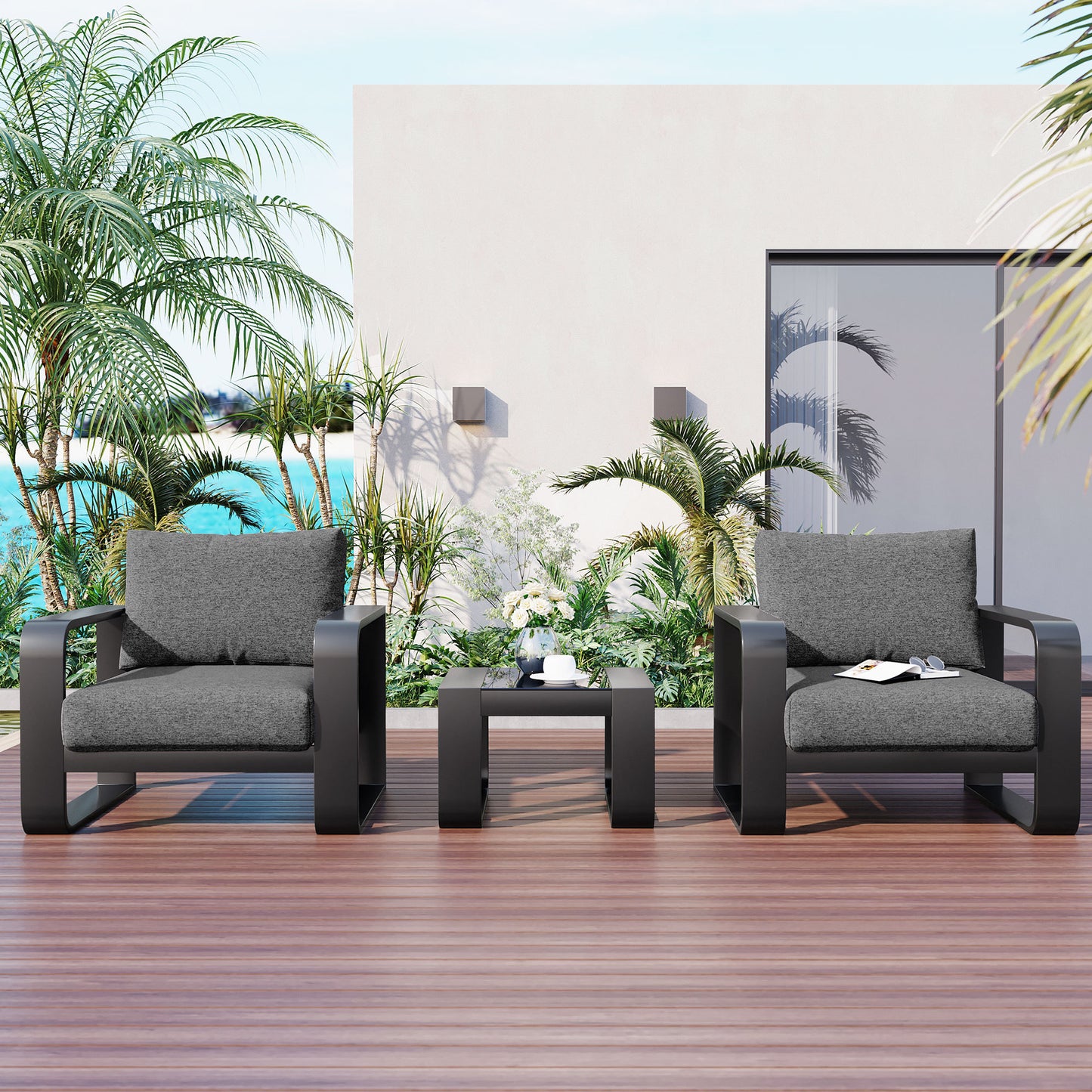 3-teiliges Terrassenmöbelset mit Aluminiumrahmen, 17 cm dickem Kissen und Couchtisch, wetterfestes Outdoor-Set