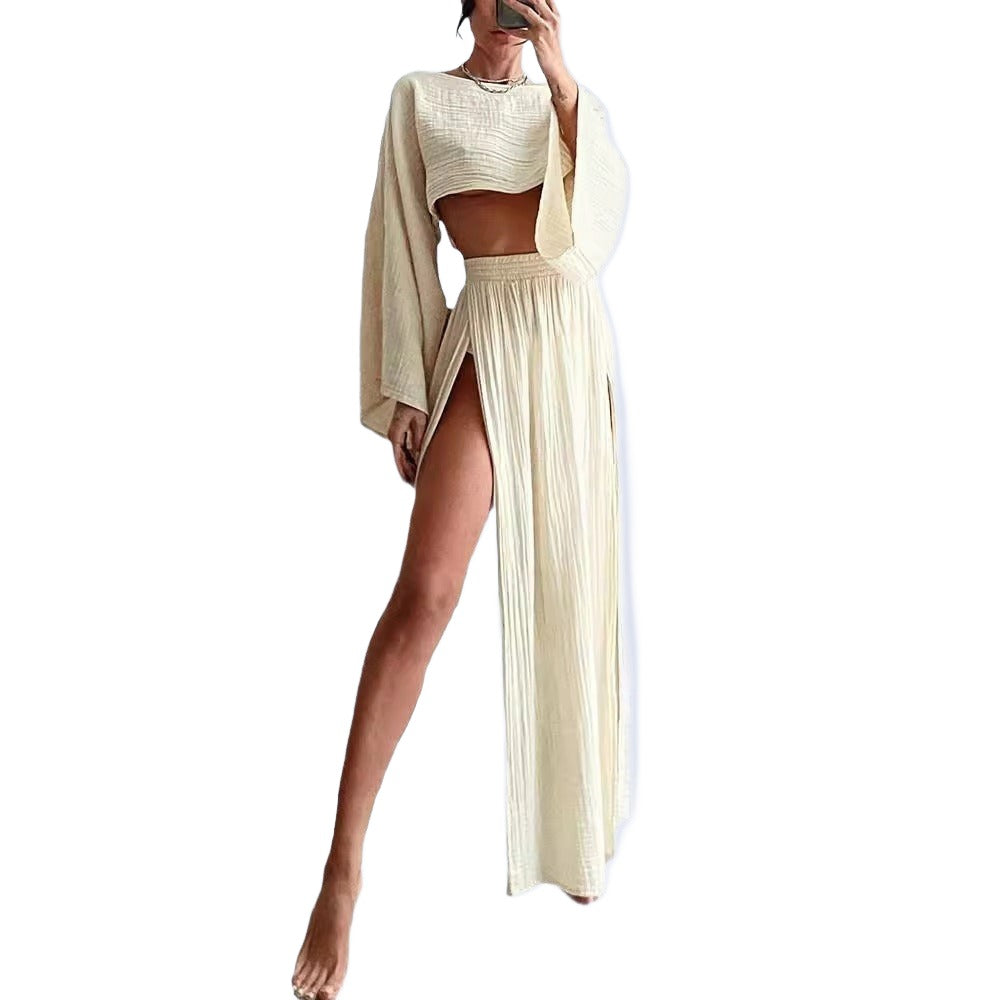 Linen Blend Splits Two-piece Skirt Set