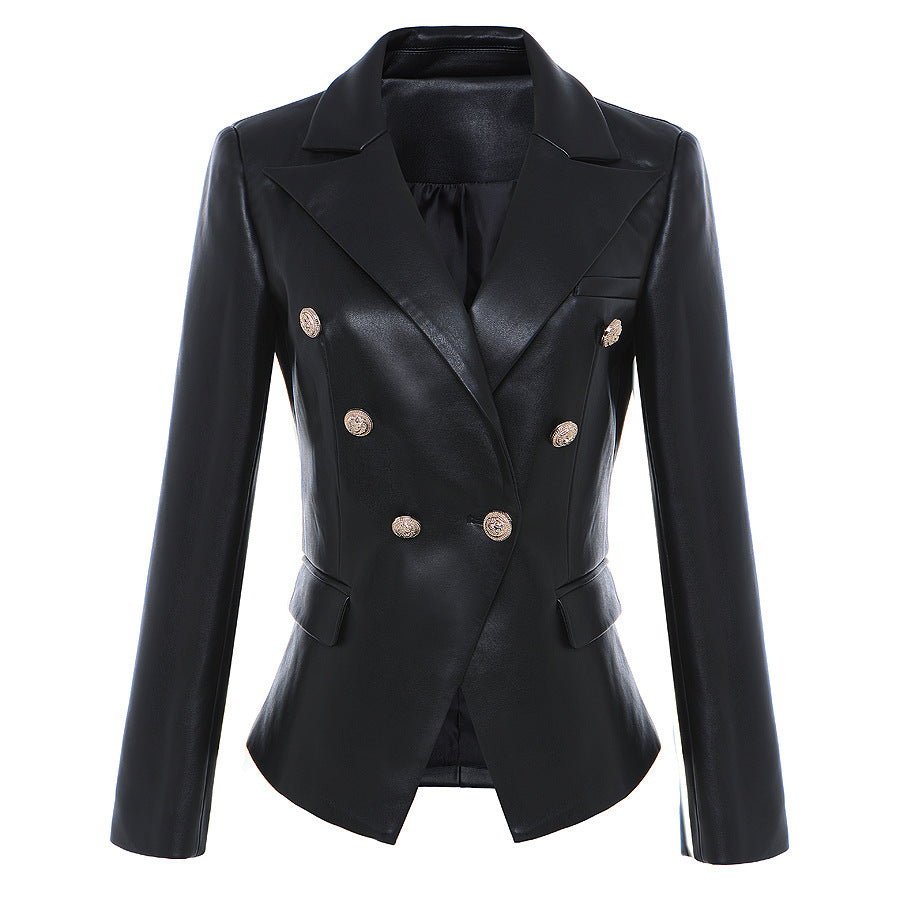 Chaqueta de traje de cuero cruzada negra