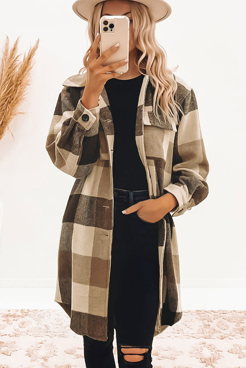 Knee Length Plaid Brown Khaki Tan Jacket