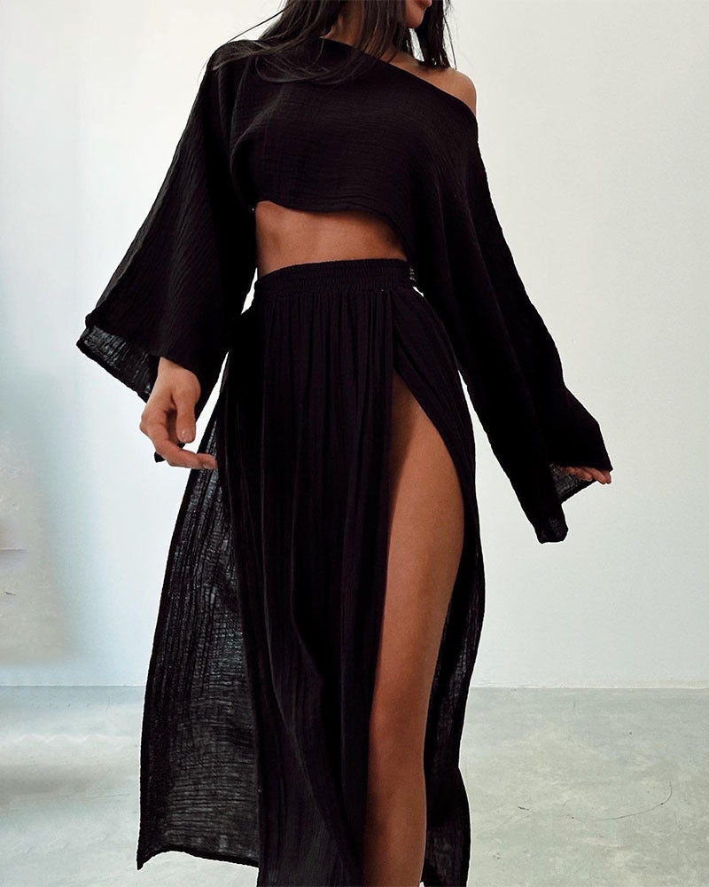 Linen Blend Splits Two-piece Skirt Set