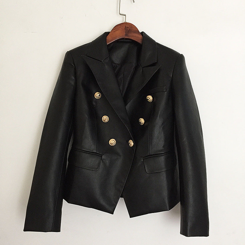 Chaqueta de traje de cuero cruzada negra