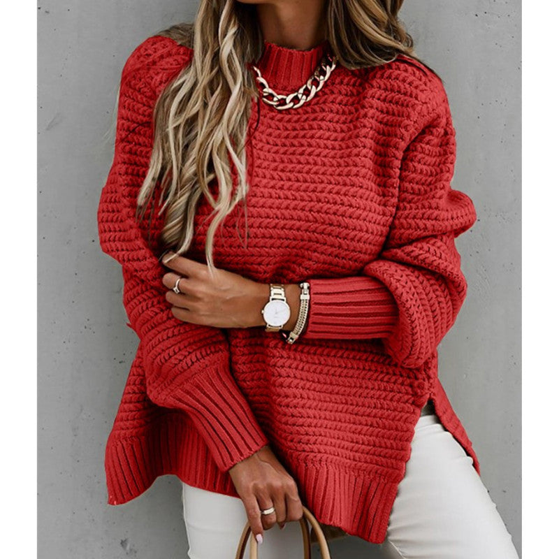 Waffle Knitted Side Slits Sweater