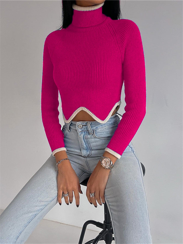 Zig Zag Cropped Hem Turtle Neck Sweater