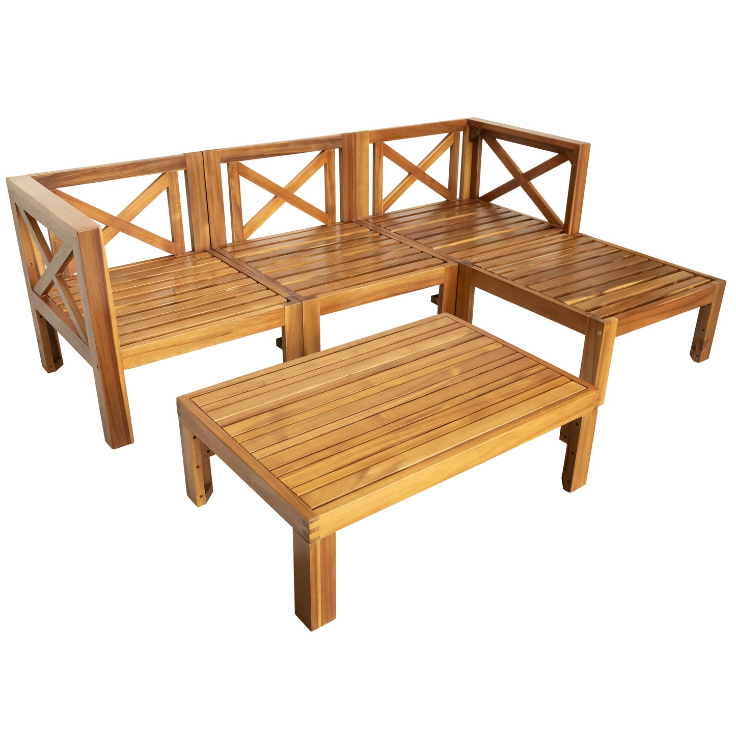 5-Piece Wood Outdoor Sectional Sofa Patio Set with Blue Cushions