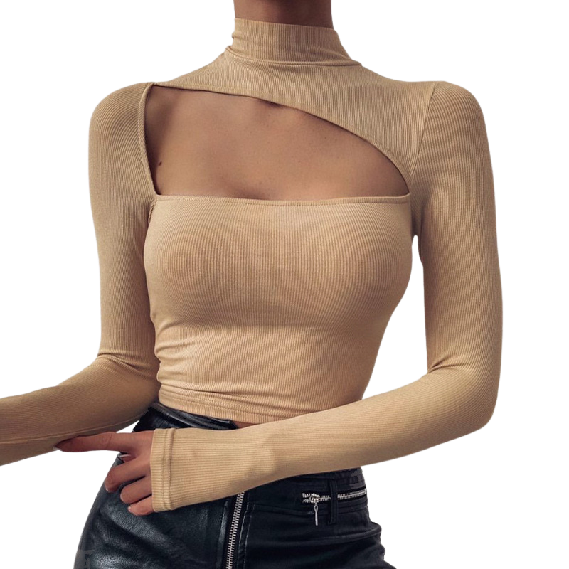 Top de moda con recorte de cuello alto y manga larga