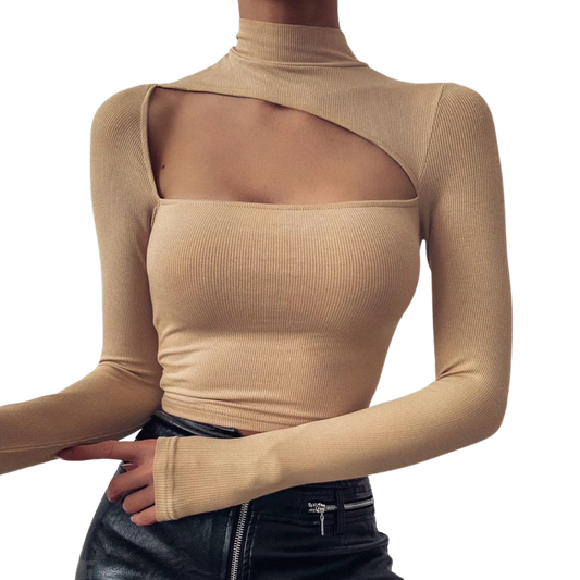 Long Sleeve High Collar Cutout Fashion Top