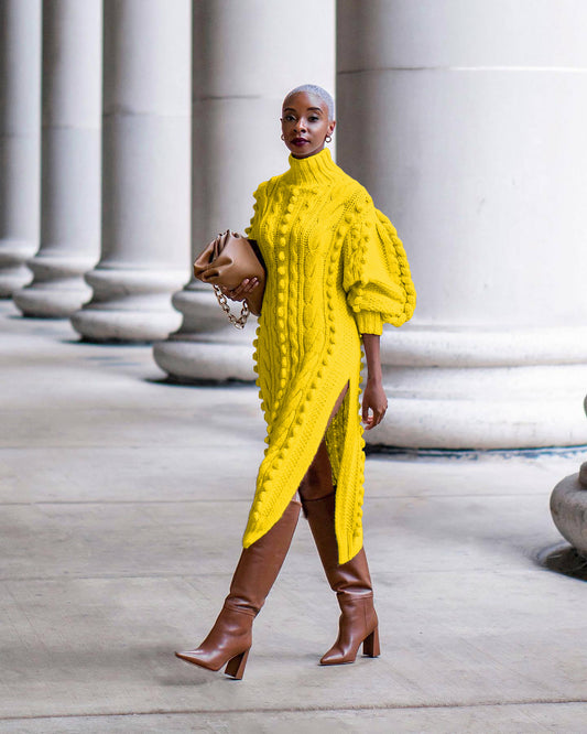 Vestido tipo suéter de punto con abertura larga y cuello alto para mujer