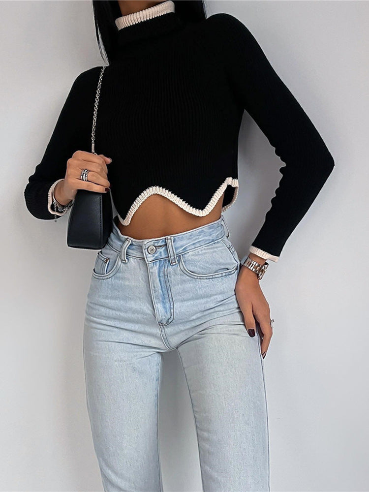 Zig Zag Cropped Hem Turtle Neck Sweater