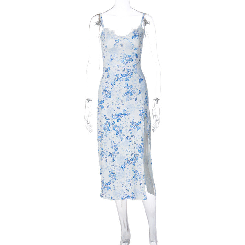 Lace Floral Print Long Split Summer Dress