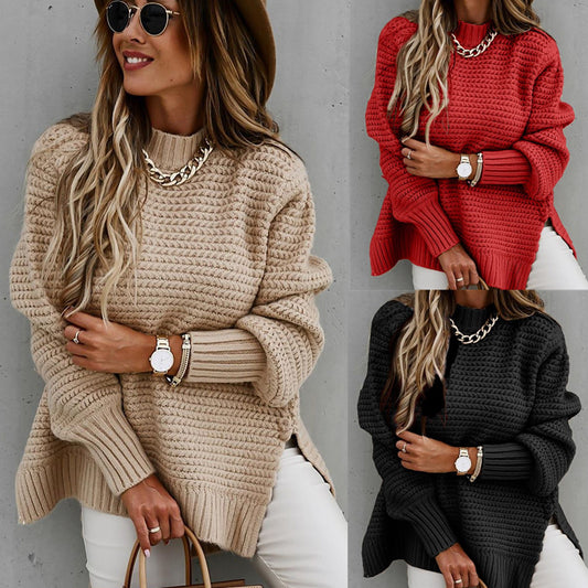 Waffle Knitted Side Slits Sweater