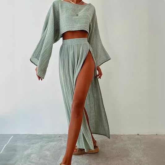 Linen Blend Splits Two-piece Skirt Set