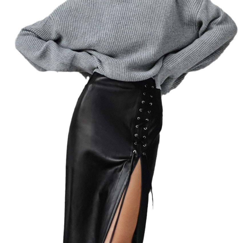 Women's Black Lace-up Leather Skirt