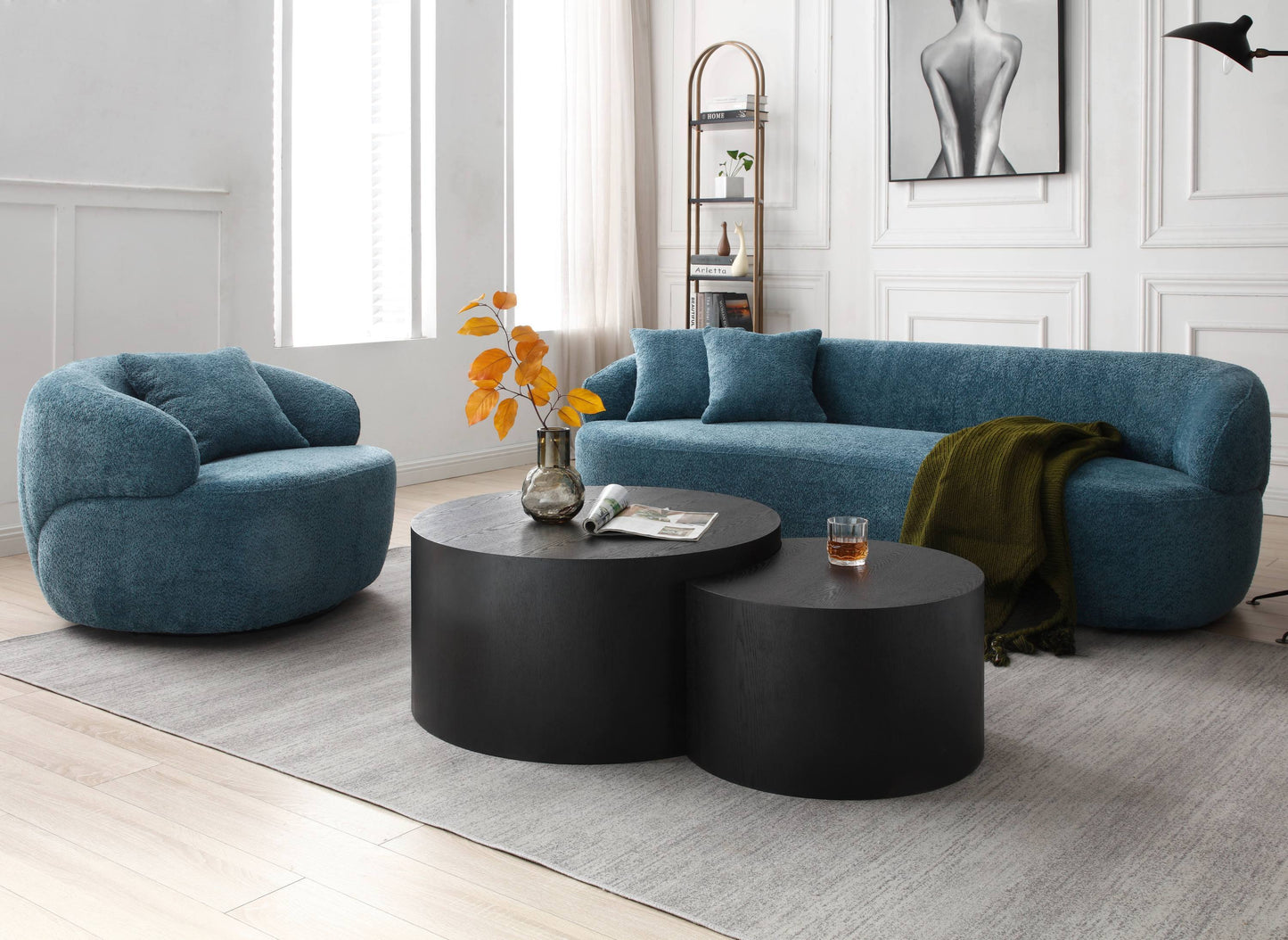 360° Swivel Barrel Mid-Century Modern Curved Chair, Boucle Blue