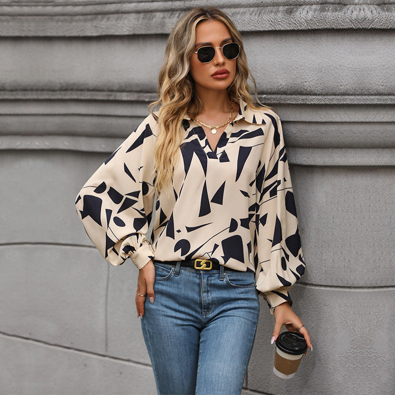Blusa de manga larga de moda abstracta caqui y negra