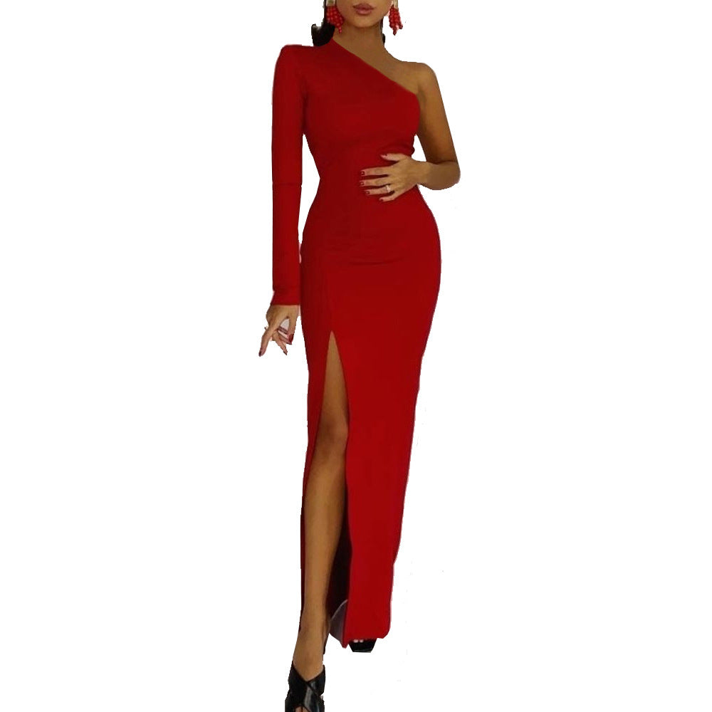 Geneva One-Shoulder Long Split Dress (2 Colors)