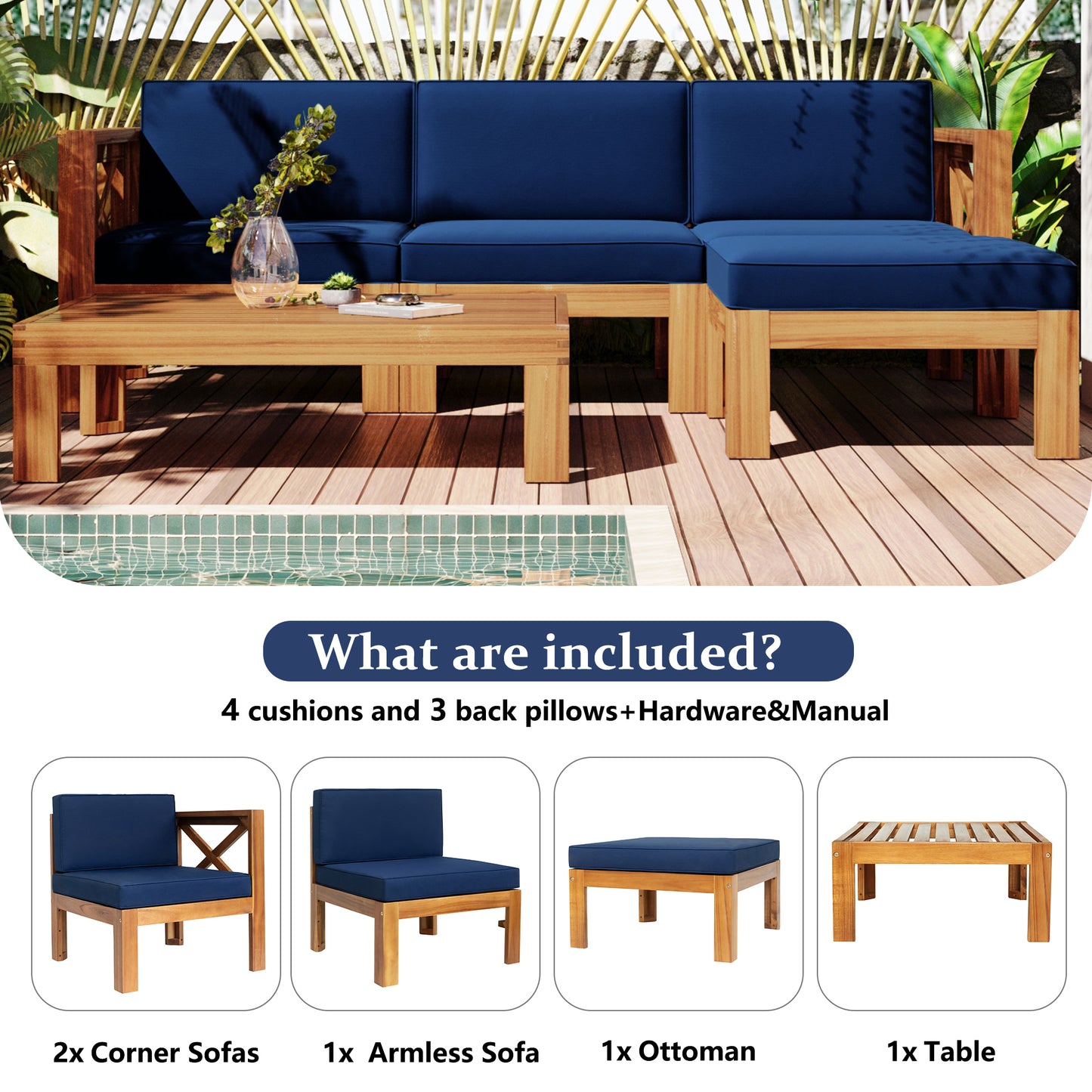 5-Piece Wood Outdoor Sectional Sofa Patio Set with Blue Cushions