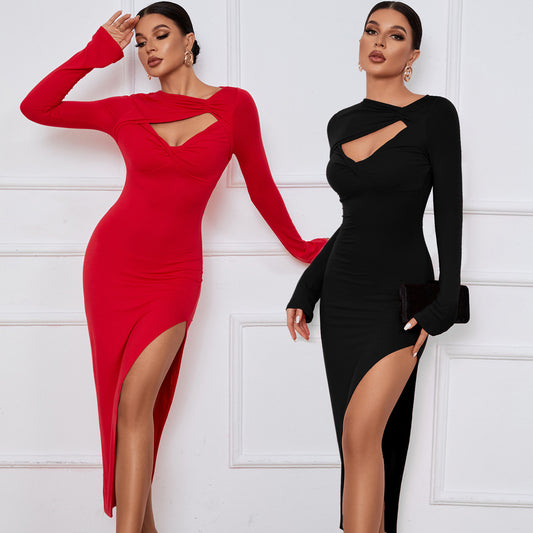 Vestido maxi de manga larga con abertura sexy - Negro / Rojo