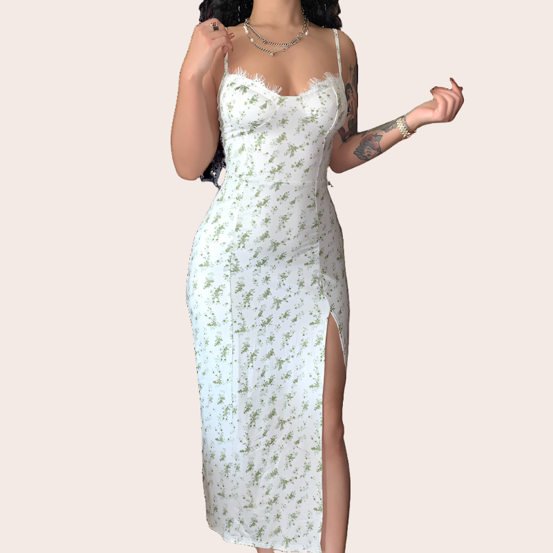 Lace Floral Print Long Split Summer Dress