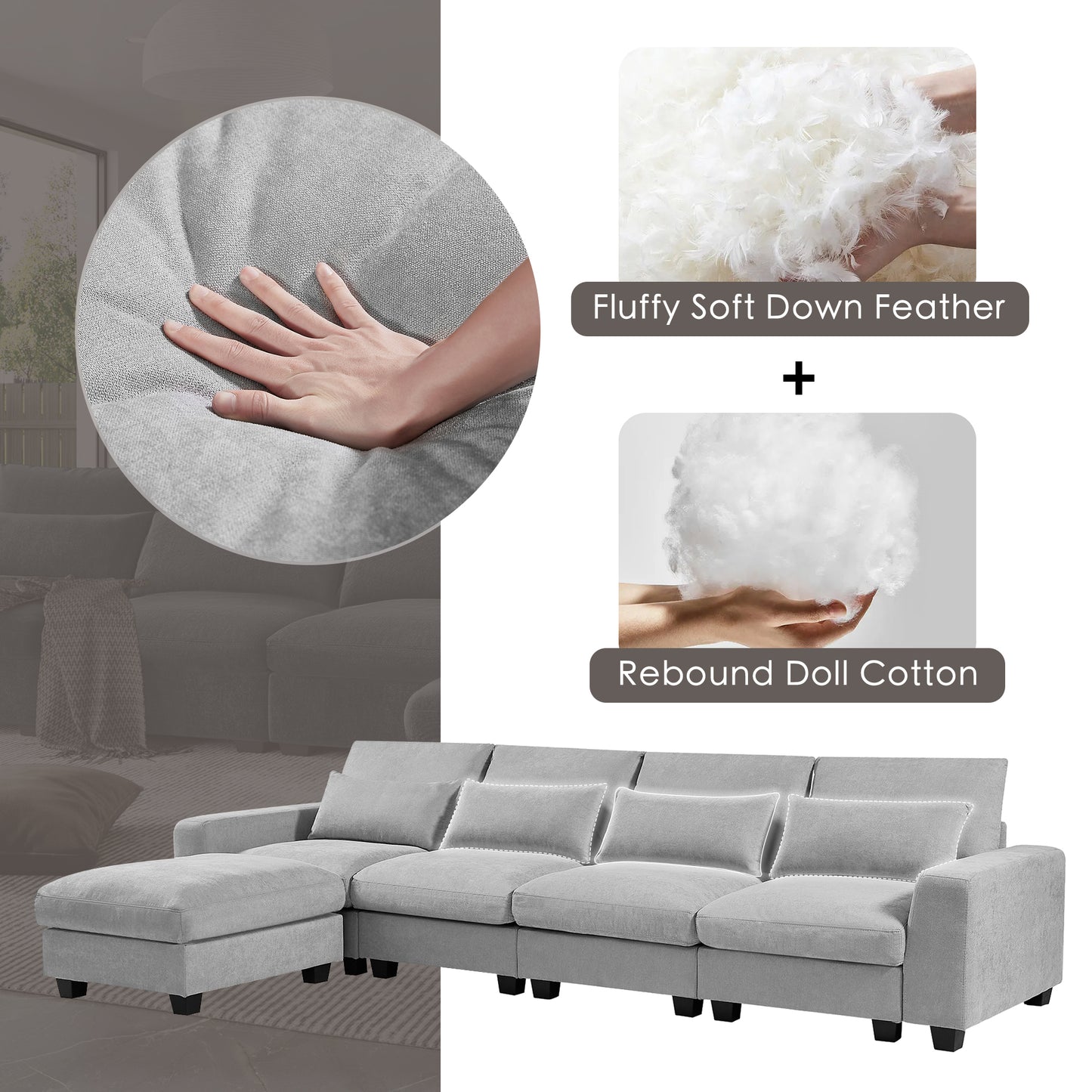 Light Grey Modern Large L-Shape Sectional Sofa, Convertible Sofa Couch with Reversible Chaise for Living Room
