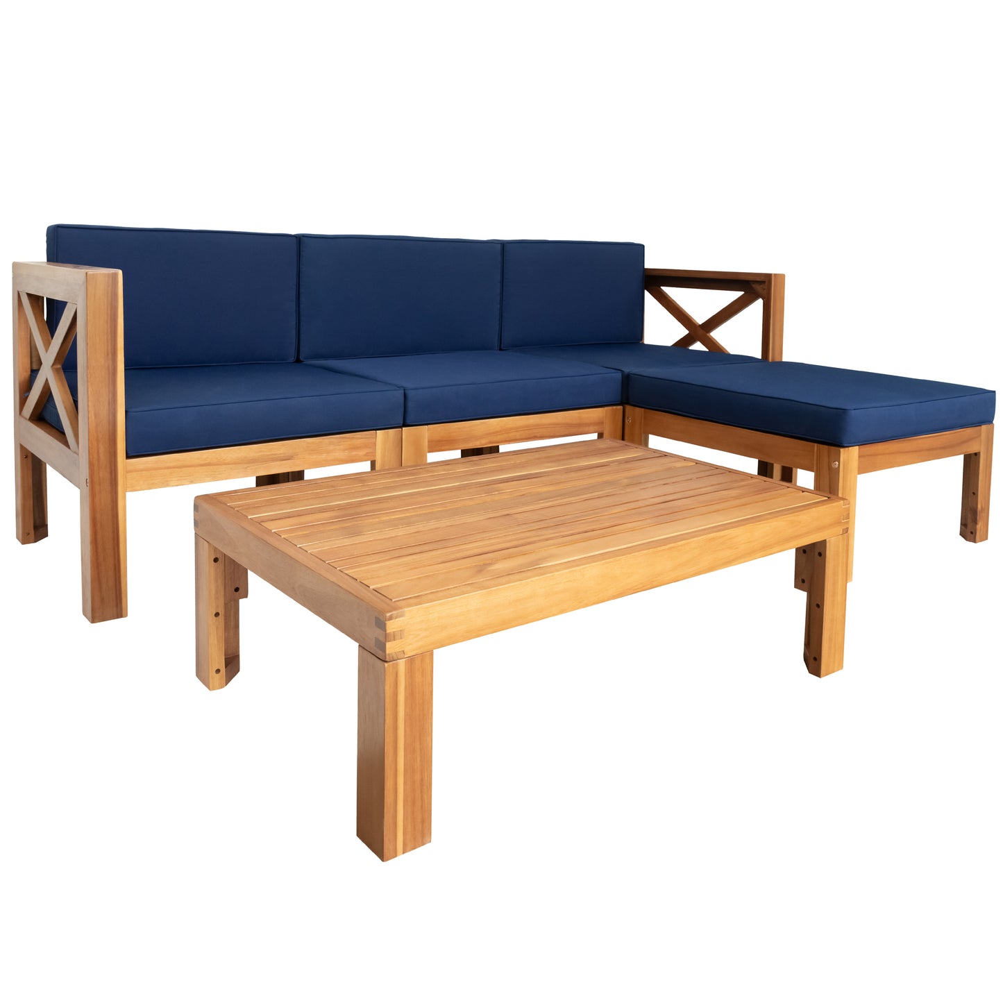 5-Piece Wood Outdoor Sectional Sofa Patio Set with Blue Cushions