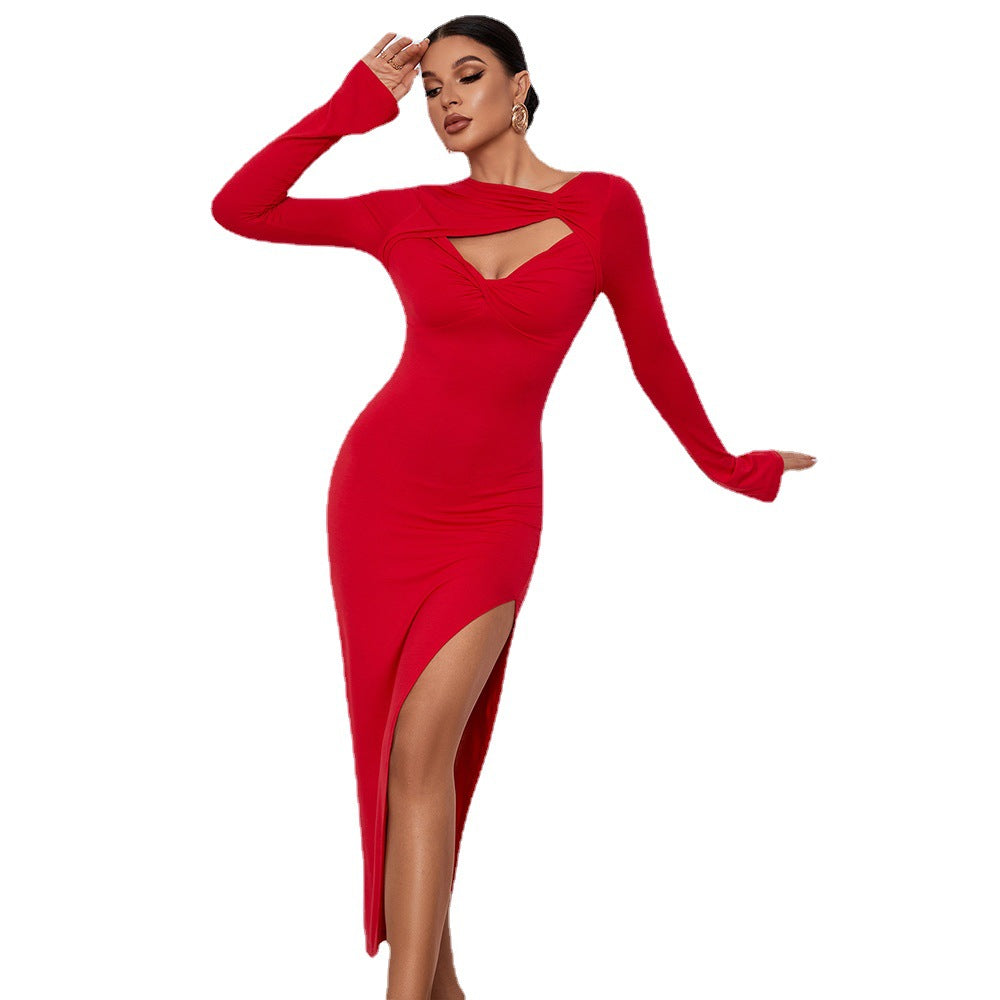 Vestido maxi de manga larga con abertura sexy - Negro / Rojo