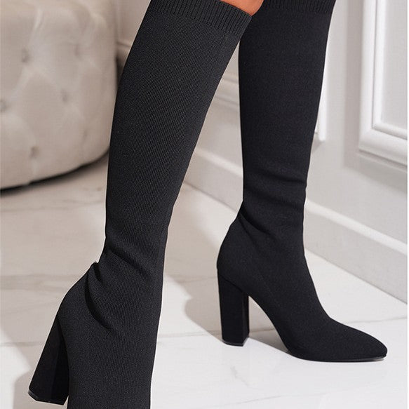 Gestrickte Stretch-Sockenstiefel mit klobigem Absatz (Rot, Schwarz, Braun)