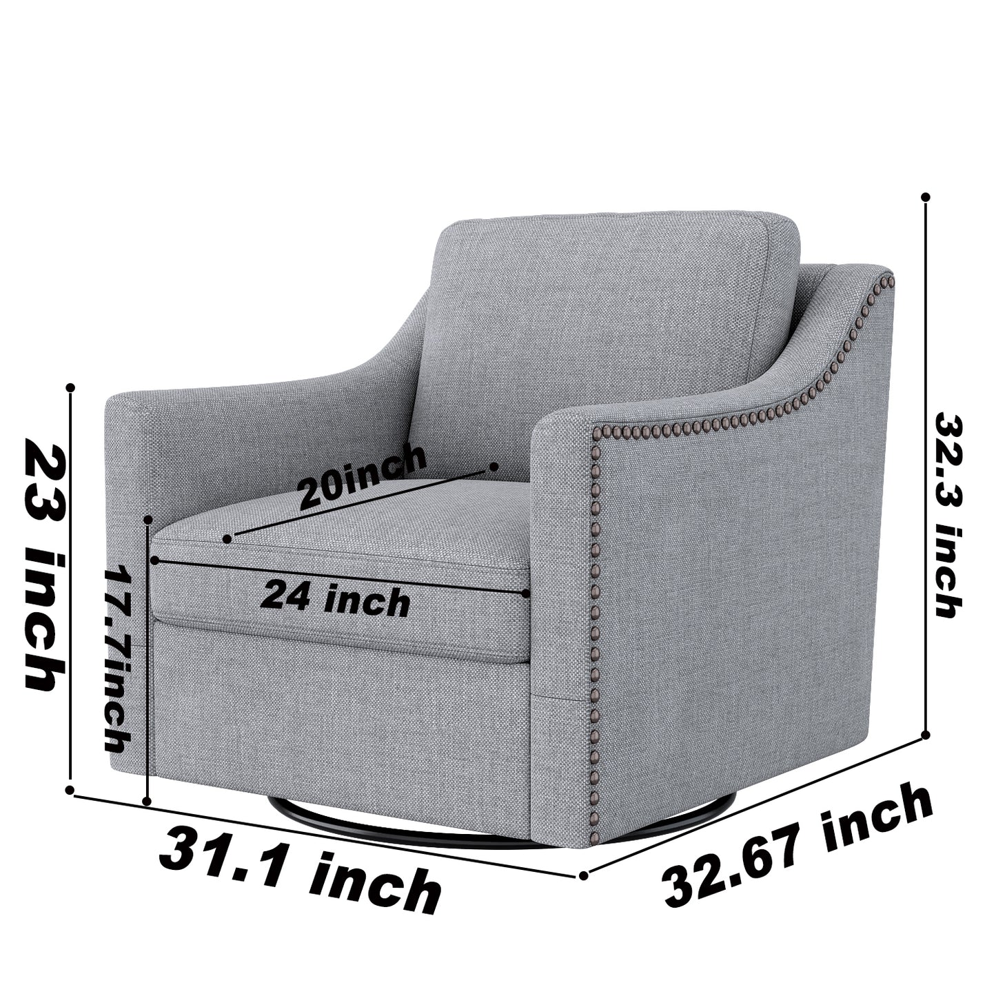 360 Degree Swivel Armchair Cotton Linen Fabric Ergonomic Design Brass Nail Head Detail
