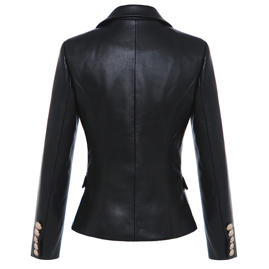 Chaqueta de traje de cuero cruzada negra