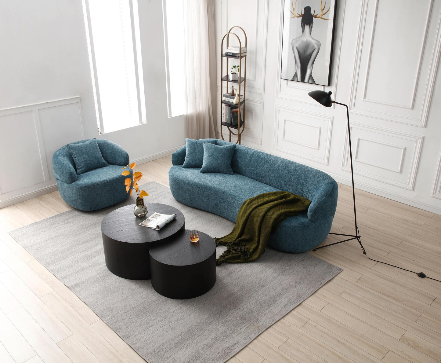 360° Swivel Barrel Mid-Century Modern Curved Chair, Boucle Blue