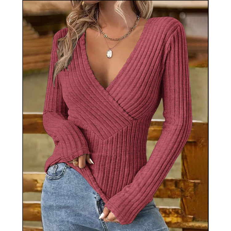 Ribbed Knit V-neck Long-sleeve Sweater