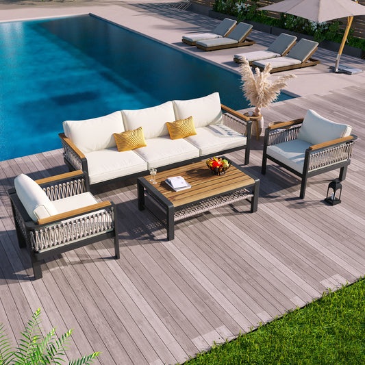4-Piece Outdoor Patio Sofa Set with Cushions and a Coffee Table, Beige