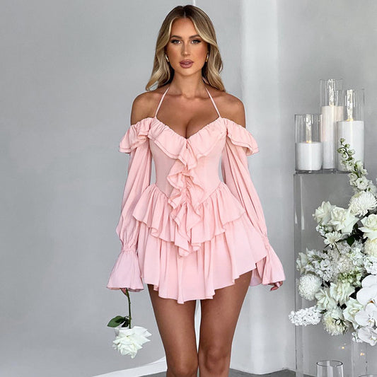 Women's Ruffled Off-Shoulder Halter Romper