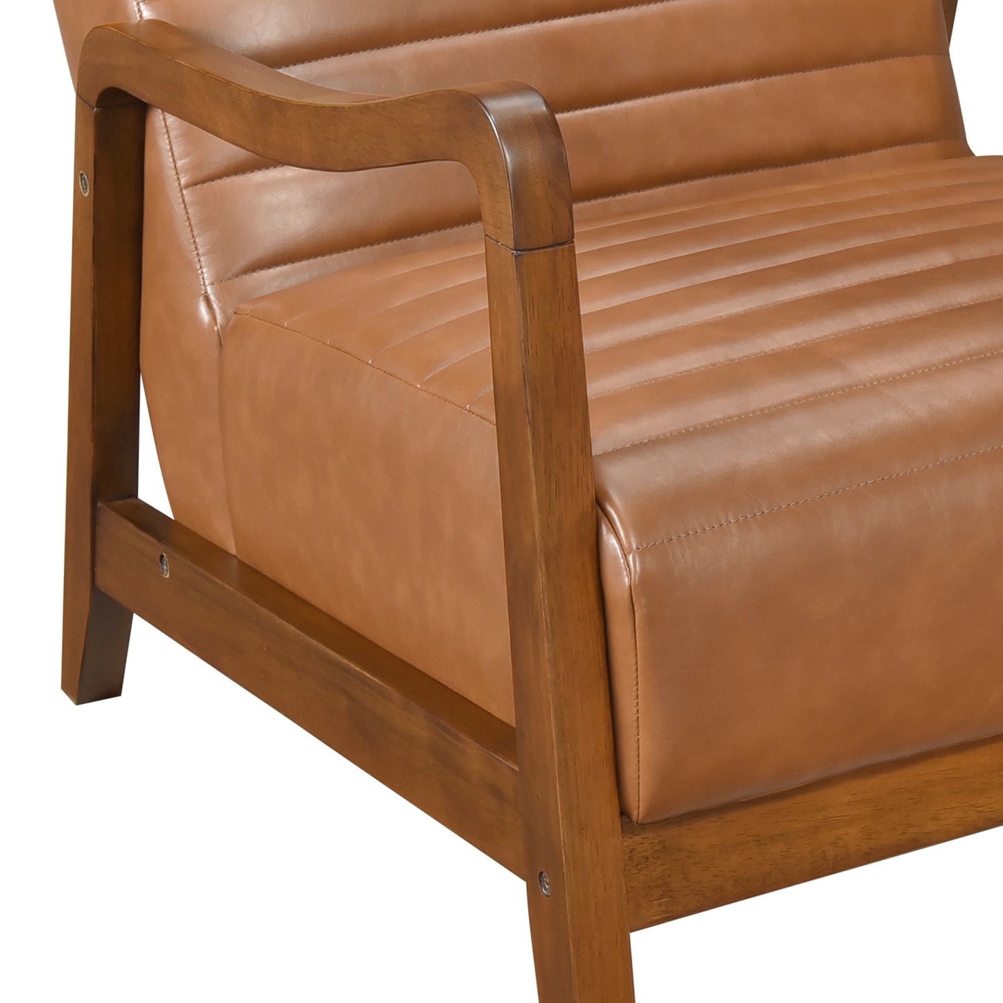 Moderner Stuhl aus braunem Kunstleder, Walnuss-Finish, Beine aus Massivholz