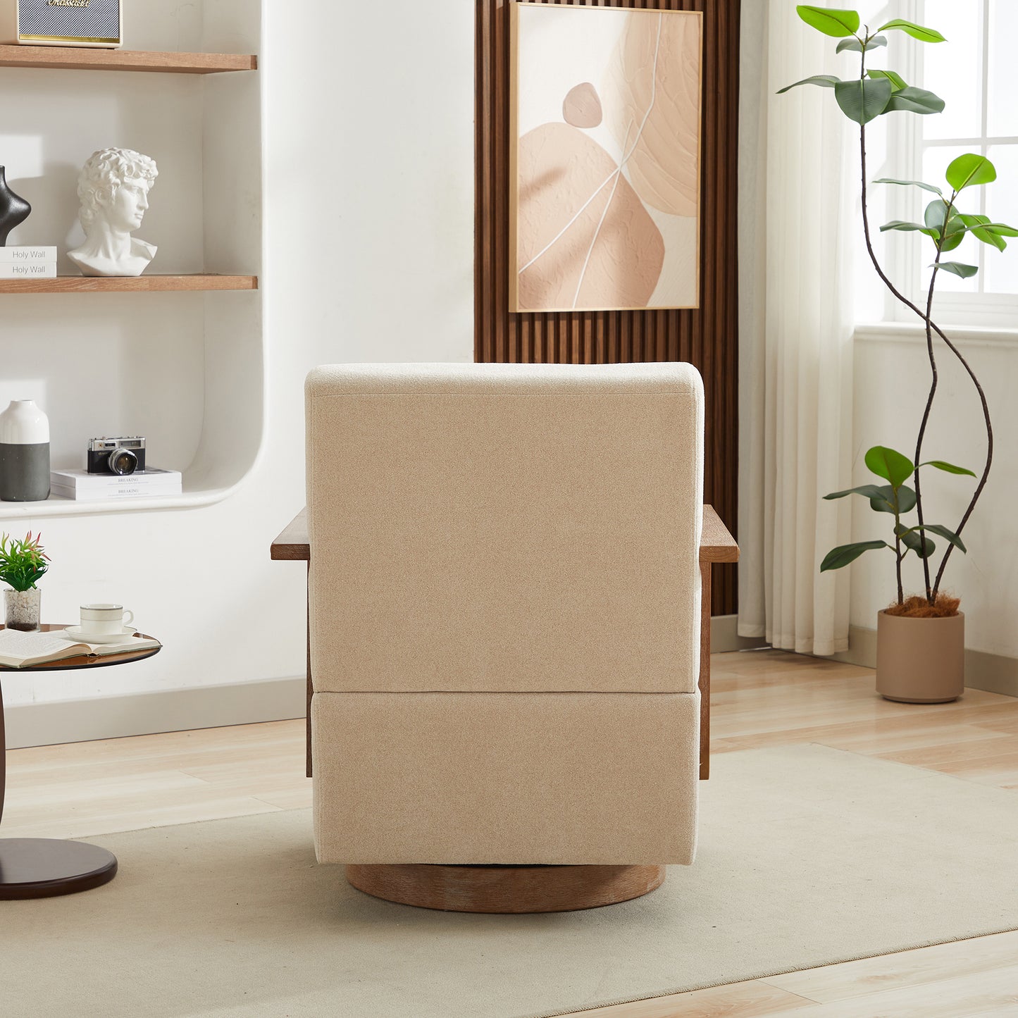 Beige 360 Degree Swivel Modern Upholstered Accent Chair with Wood Armrests