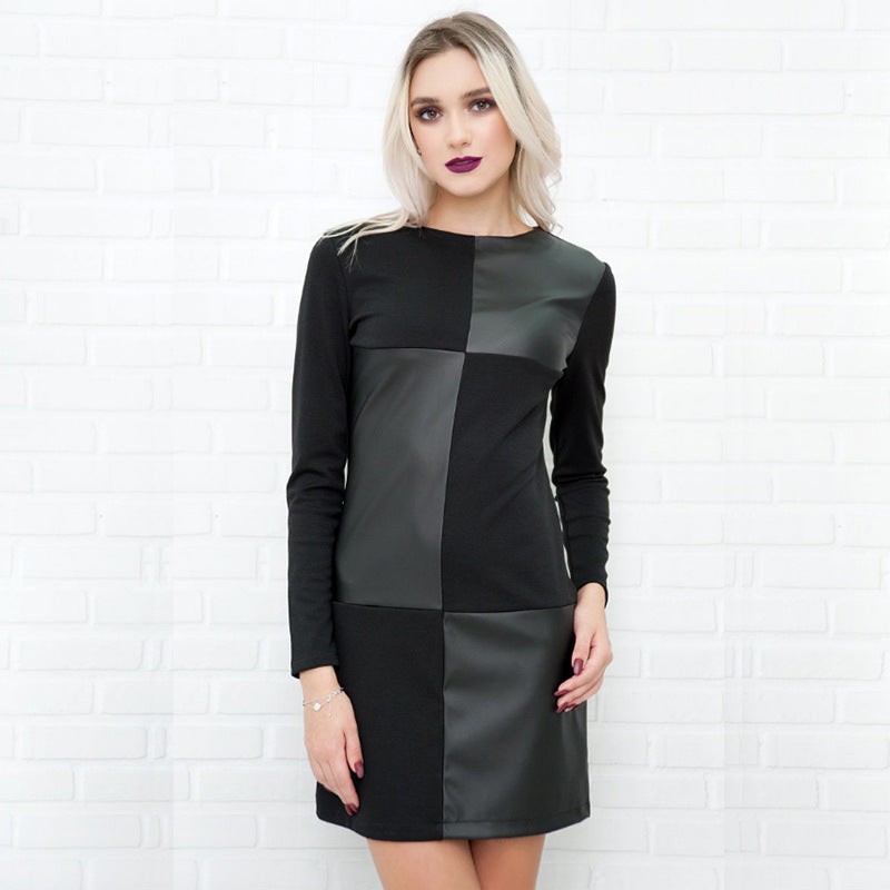 Faux Leather Block Fabric Long Sleeve Dress
