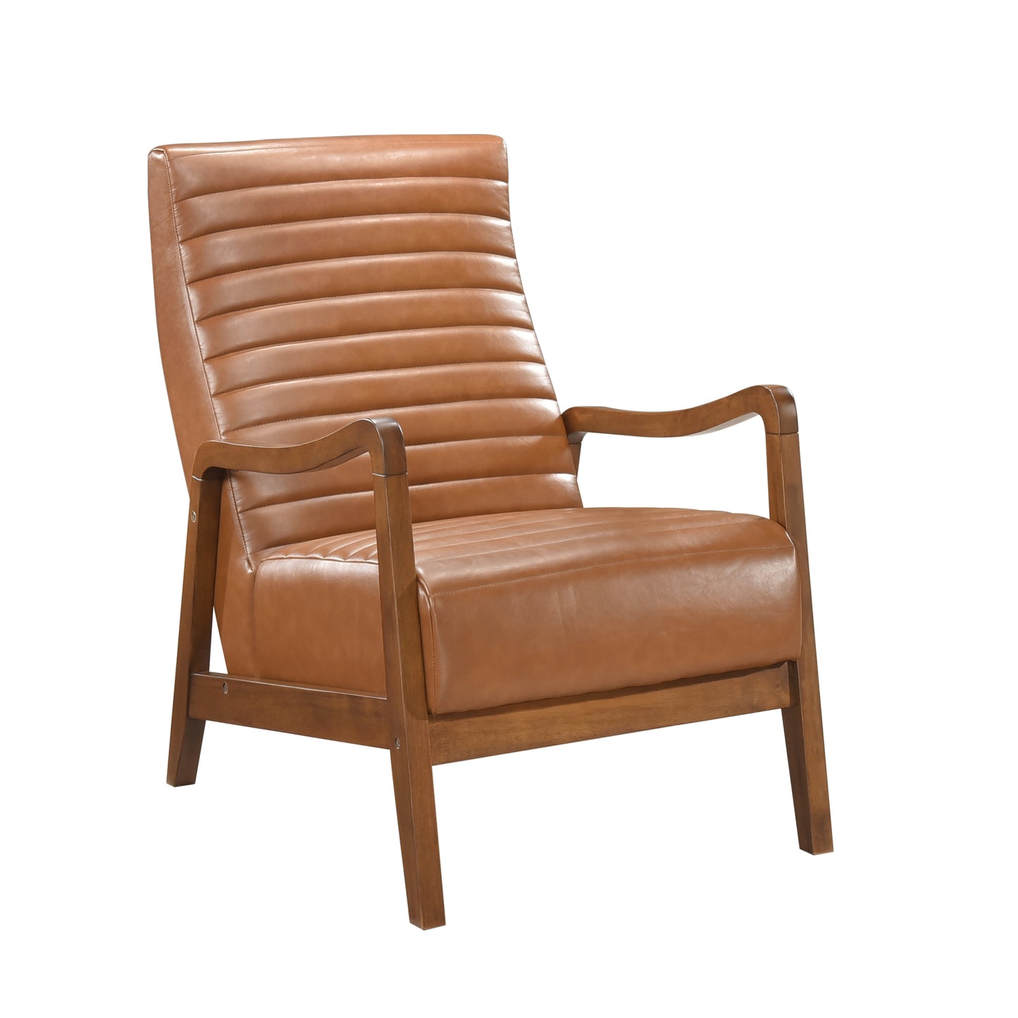 Moderner Stuhl aus braunem Kunstleder, Walnuss-Finish, Beine aus Massivholz