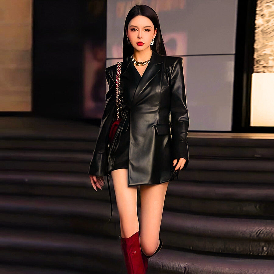 Chaqueta de traje de cuero PU negra para mujer