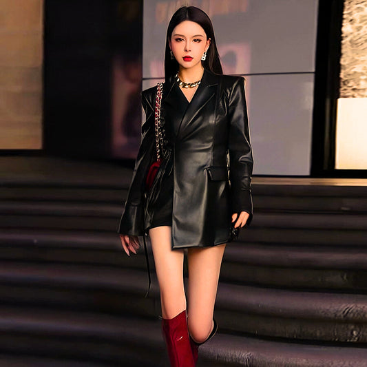 Asymmetrical Faux Leather Lapel Jacket