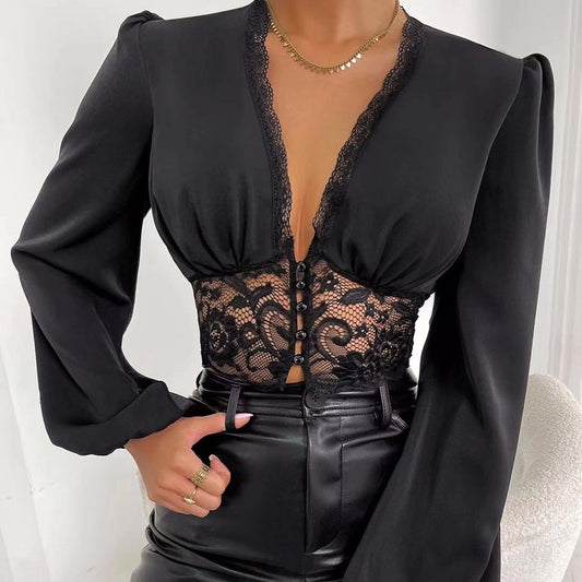 Lace-Abs Long Sleeve V-neck Fashion Top