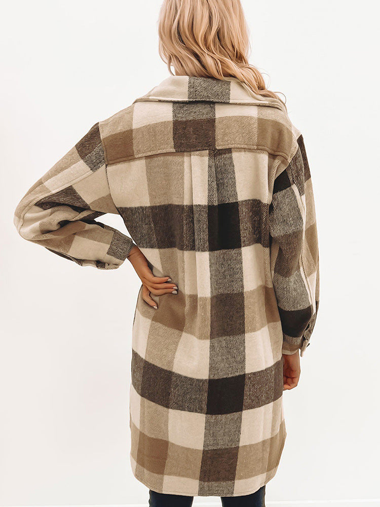 Knee Length Plaid Brown Khaki Tan Jacket