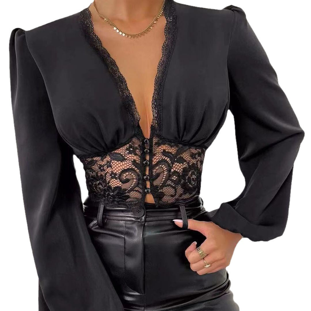 Top de moda con cuello en V y manga larga con encaje y abdominales