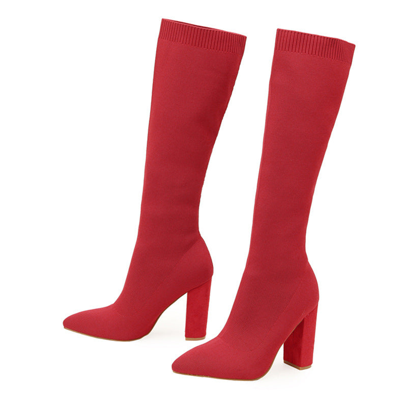 Gestrickte Stretch-Sockenstiefel mit klobigem Absatz (Rot, Schwarz, Braun)