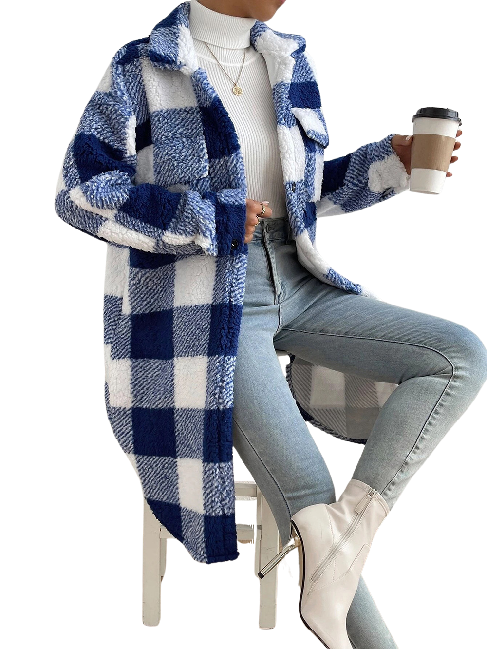 Chaqueta suéter larga a cuadros de felpa (5 colores)